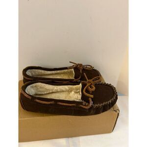Minnetonka Brown Leather fur lined moccasin slippers size 6 women’s